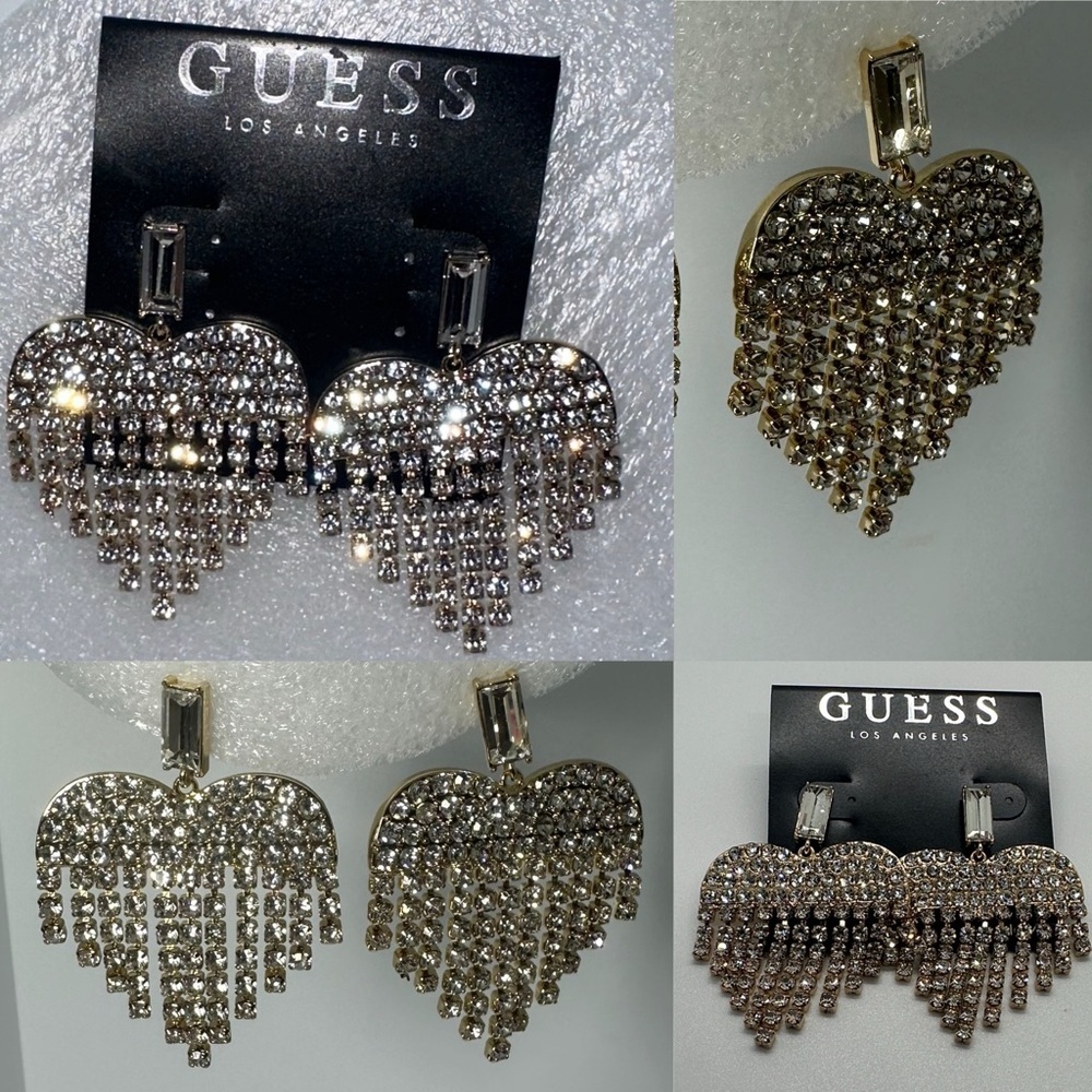💛💎NWT GUESS Gold Tone Crystal Heart Dangle Statement Earrings Chandelier Sparkle
